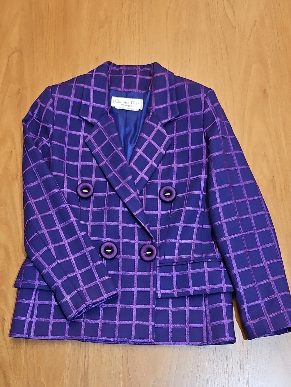 Vintage Christian Dior Boutique Purple Blue Plaid Double-Breasted Blazer(Medium)